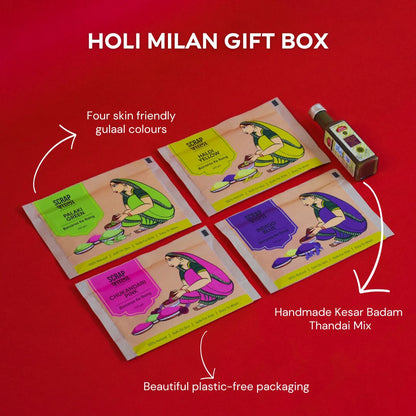 Holi Milan Gift Box | Four Packs of Natural Gulaal | Thandai Mix | Safe for Kids | Handmade in Banaras | Verified Sustainable by Brown Living™