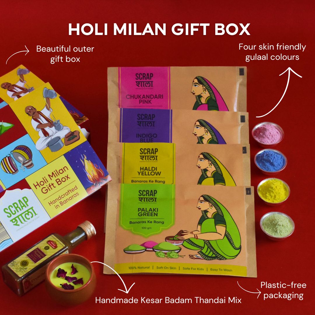 Holi Milan Gift Box | Four Packs of Natural Gulaal | Thandai Mix | Safe for Kids | Handmade in Banaras | Verified Sustainable by Brown Living™