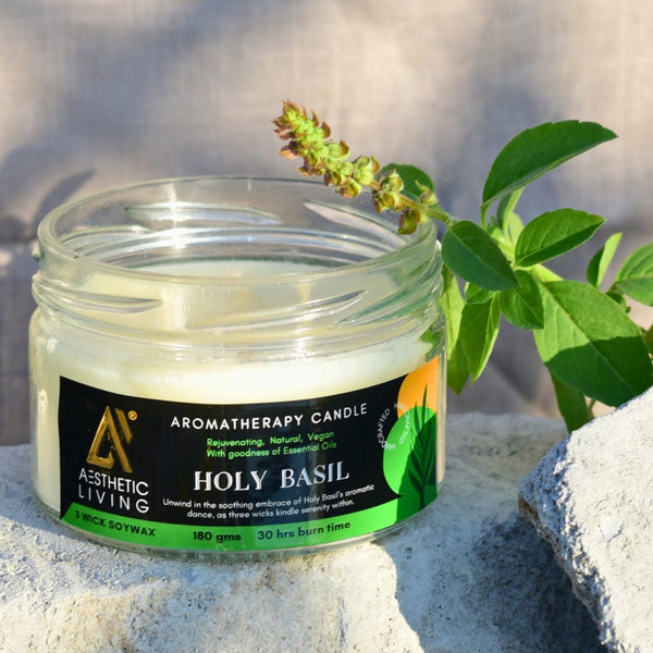Buy Holy Basil 3 Wick Soy Wax Candle I 30 hr burn, 180 gms | Shop Verified Sustainable Candles & Fragrances on Brown Living™
