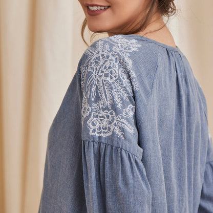 Hyacinth - Organic Cotton Peasant Top with Embroidery - Blue | Verified Sustainable by Brown Living™