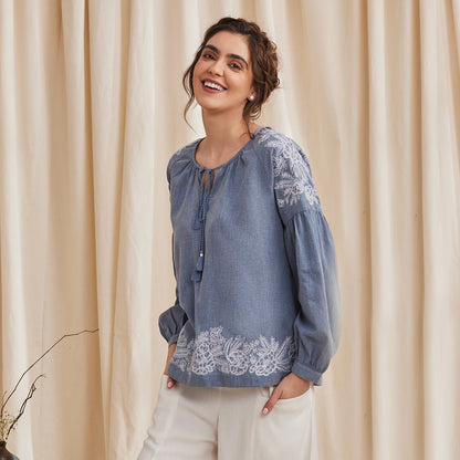 Hyacinth - Organic Cotton Peasant Top with Embroidery - Blue | Verified Sustainable by Brown Living™