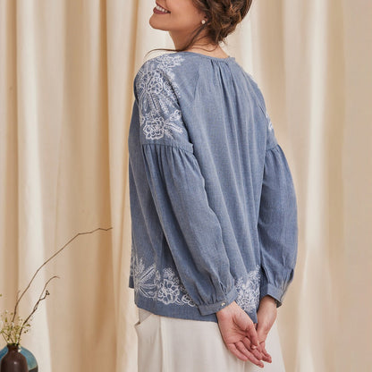 Hyacinth - Organic Cotton Peasant Top with Embroidery - Blue | Verified Sustainable by Brown Living™