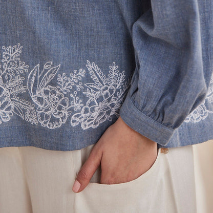 Hyacinth - Organic Cotton Peasant Top with Embroidery - Blue | Verified Sustainable by Brown Living™