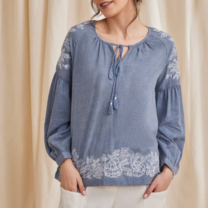 Hyacinth - Organic Cotton Peasant Top with Embroidery - Blue | Verified Sustainable by Brown Living™