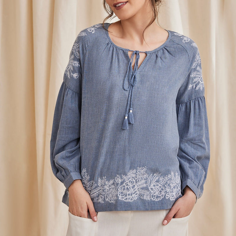 Buy Hyacinth - Organic Cotton Peasant Top with Embroidery - Blue | Shop Verified Sustainable Womens Top on Brown Living™