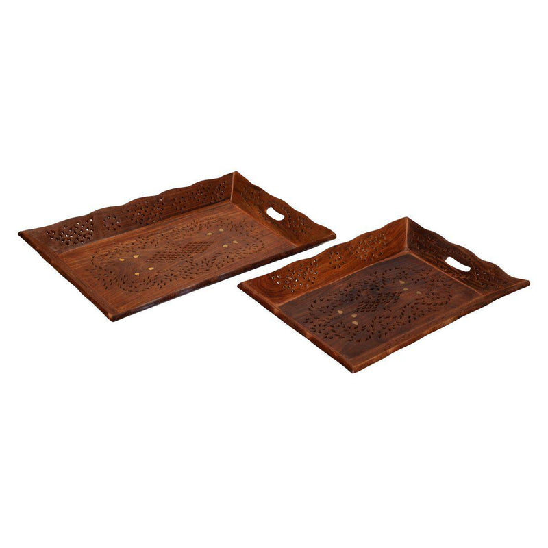 Buy Indian Rosewood Sheesham Designer Handcrafted Serving Tray Set I 14x9.5 & 12x8.5in | Shop Verified Sustainable Serving Set on Brown Living™