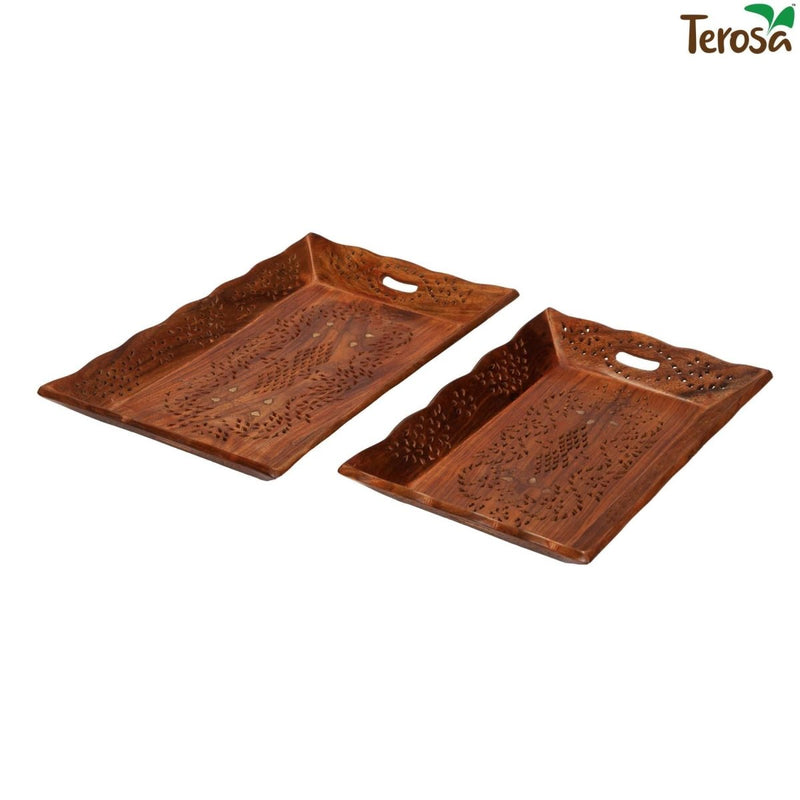 Buy Indian Rosewood Sheesham Designer Handcrafted Serving Tray Std I 12.5x8.5in | Shop Verified Sustainable Serving Set on Brown Living™
