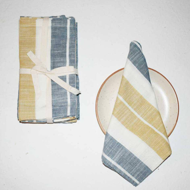 Buy Indigo- Beige Handloom Cotton Striped Dining Napkins-Set of 6 | Shop Verified Sustainable Table Linens on Brown Living™