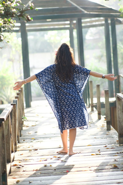 Indigo Blue Printed Cotton Kaftan | Verified Sustainable by Brown Living™