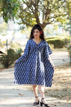 Indigo Blue Printed Cotton Kaftan | Verified Sustainable by Brown Living™