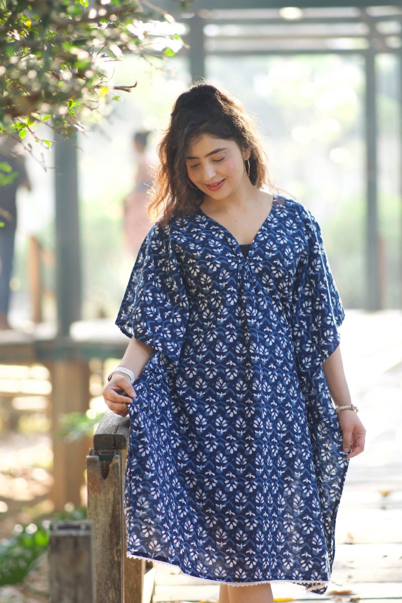 Indigo Blue Printed Cotton Kaftan | Verified Sustainable by Brown Living™