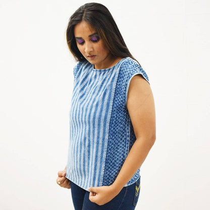 Indigo Handloom Patchwork Top – Womens Top by Sonica Sarna available on Brown Living™. XS . SKU: 274 - 14216 - SSD - 146. Img 4.