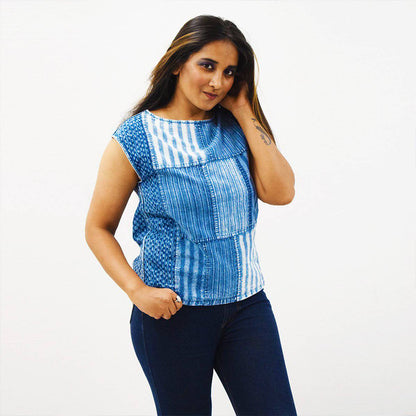 Indigo Handloom Patchwork Top – Womens Top by Sonica Sarna available on Brown Living™. XS . SKU: 274 - 14216 - SSD - 146. Img 1.