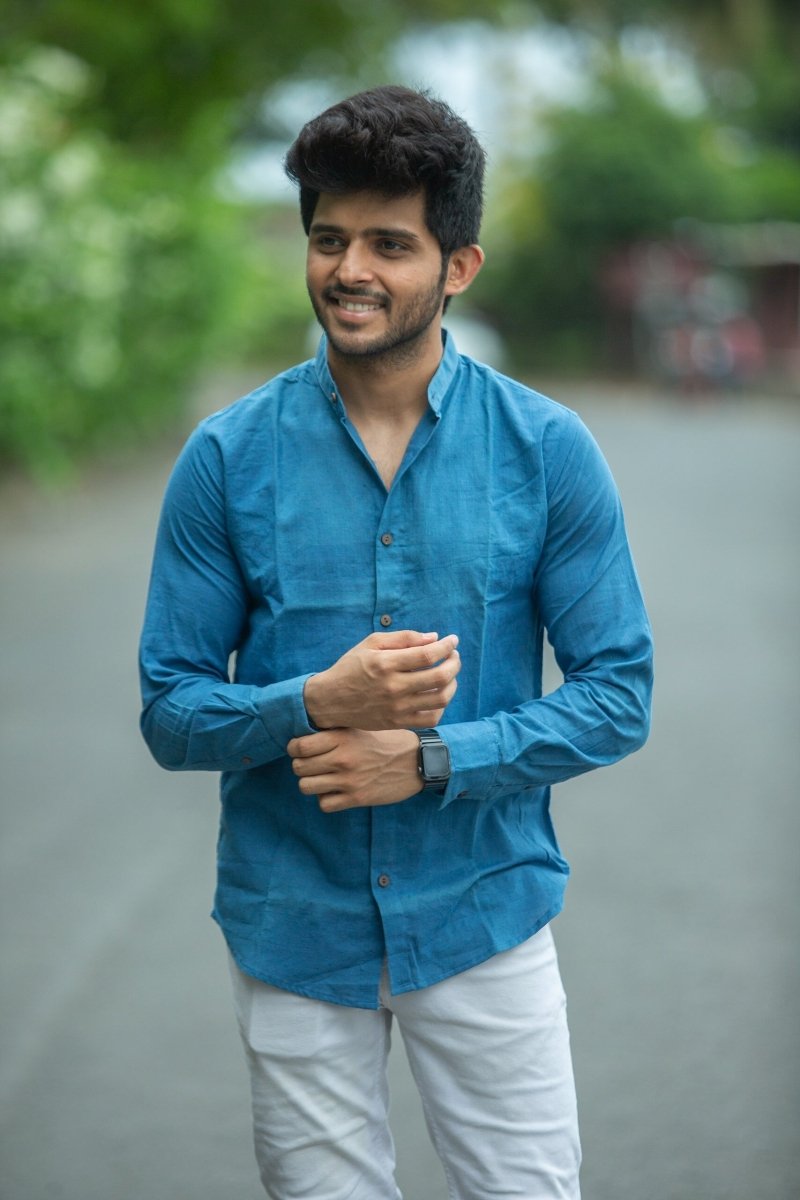 Indigo Mandarin Collar Khadi Shirt | Verified Sustainable by Brown Living™