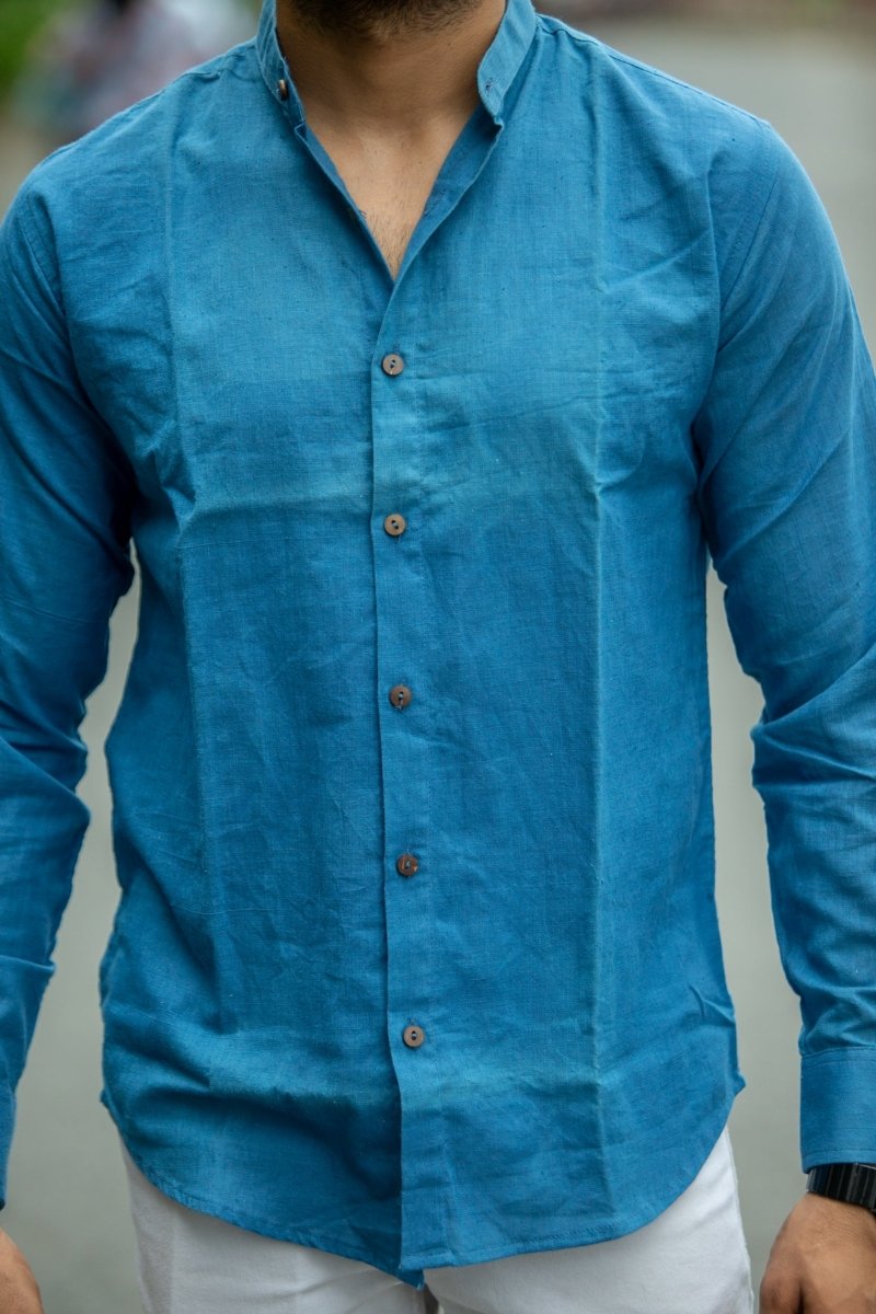 Buy Indigo Mandarin Collar Khadi Shirt | Shop Verified Sustainable Mens Shirt on Brown Living™