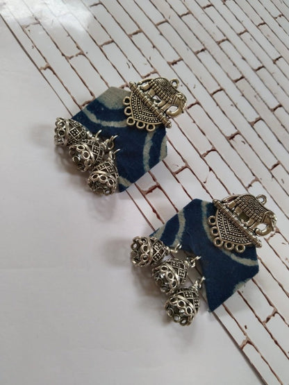 Rainvas Blue Printed Fabric Lotus Charm Jhumka Earrings | Verified Sustainable by Brown Living™