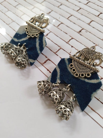 Rainvas Blue Printed Fabric Lotus Charm Jhumka Earrings | Verified Sustainable by Brown Living™