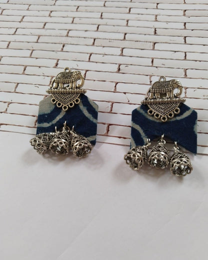 Rainvas Blue Printed Fabric Lotus Charm Jhumka Earrings | Verified Sustainable by Brown Living™