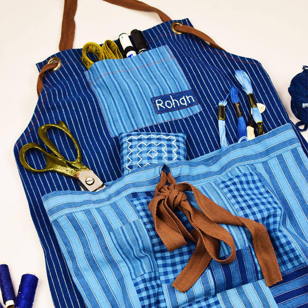 Indigo Unisex Apron Dark + Detachable Pouch – Kitchen Linens by Sonica Sarna available on Brown Living™. 27 x 32 . SKU: 274 - 14095 - SSD - 212A. Img 2.