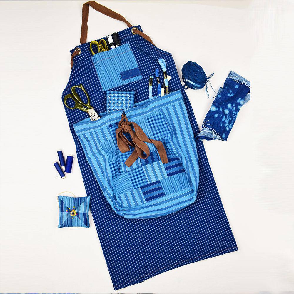 Indigo Unisex Apron Dark + Detachable Pouch – Kitchen Linens by Sonica Sarna available on Brown Living™. 27 x 32 . SKU: 274 - 14095 - SSD - 212A. Img 1.