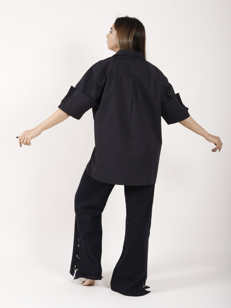 Buy IVY | Oversized asymmetrical Black Shirt | Organic Cotton | Shop Verified Sustainable Womens Shirt on Brown Living™
