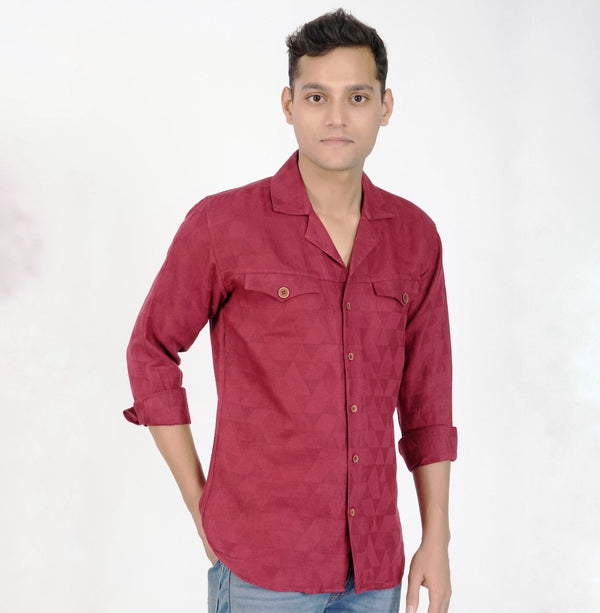 Buy Jacquard Red Safari Collar Hemp Fabric Shirt | Shop Verified Sustainable Products on Brown Living