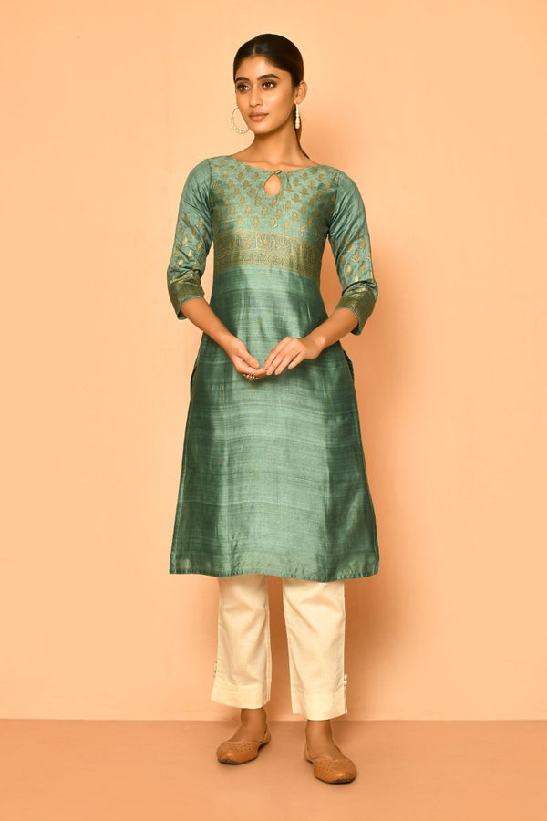 Buy Jade Handloom Cotton Silk Kurta for Women | Shop Verified Sustainable Womens Kurta on Brown Living™