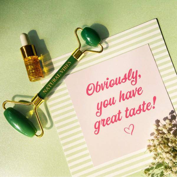 Jade Roller & Massager - Face,Neck&Undereye - FREE Gold Beauty Oil – Massager by Natural Vibes available on Brown Living™. . SKU: 063 - 06400 - NV_Jade_Green_Roller_oil. Img 4.