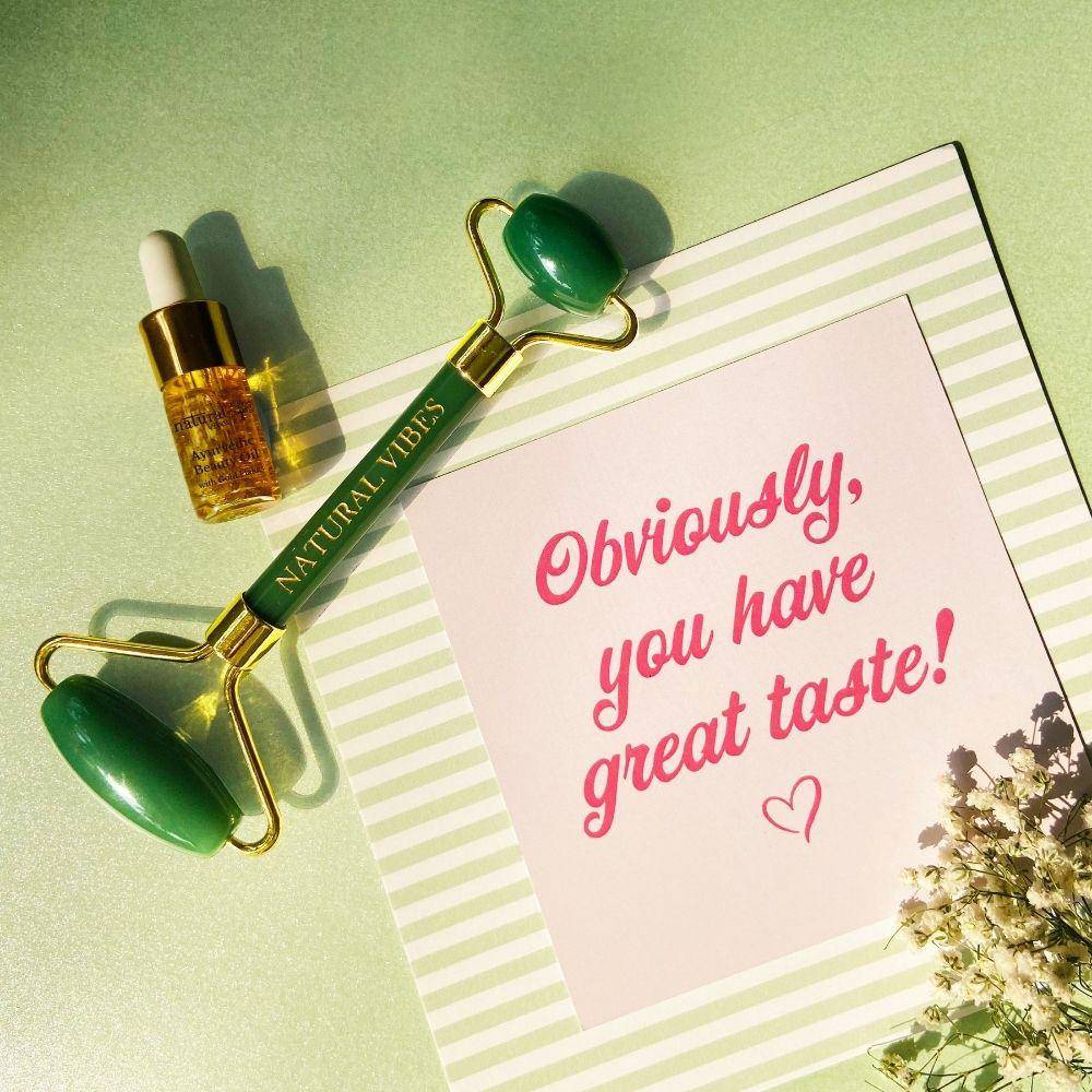 Jade Roller & Massager with FREE Gold Beauty Elixir Oil – Massager by Natural Vibes available on Brown Living™. . SKU: 063 - 05469 - NV_Jade_Green_Roller_oil. Img 4.