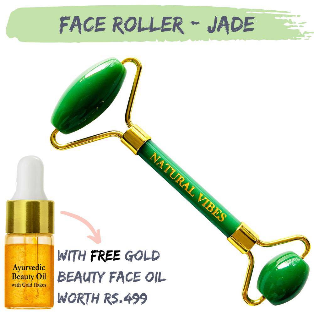 Jade Roller & Massager with FREE Gold Beauty Elixir Oil – Massager by Natural Vibes available on Brown Living™. . SKU: 063 - 05469 - NV_Jade_Green_Roller_oil. Img 3.