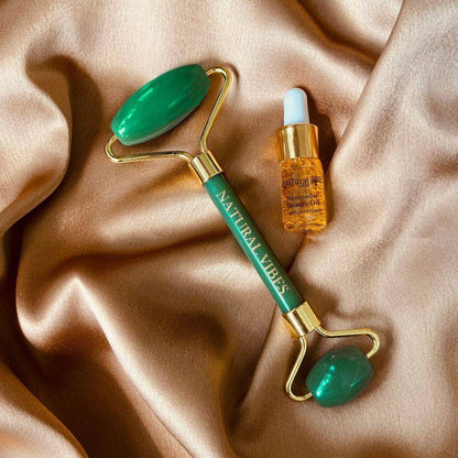 Jade Roller & Massager with FREE Gold Beauty Elixir Oil – Massager by Natural Vibes available on Brown Living™. . SKU: 063 - 05469 - NV_Jade_Green_Roller_oil. Img 11.