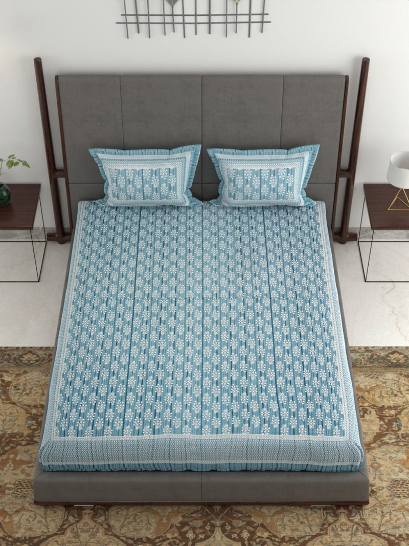 Jaipuri Hand Printed King Size 400 TC Cotton Bedsheet with Pillow Covers- Blue | Verified Sustainable Bed Linens on Brown Living™