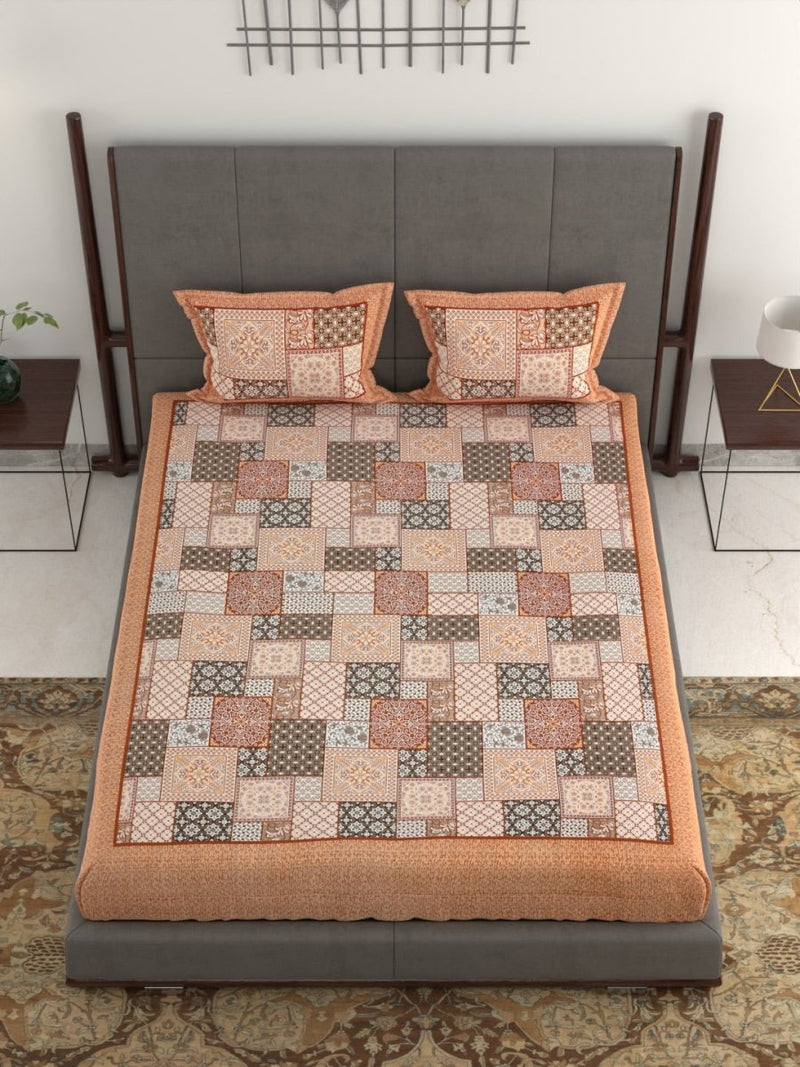 Jaipuri Hand Printed King Size 400 TC Cotton Bedsheet with Pillow Covers- Brown | Verified Sustainable Bed Linens on Brown Living™