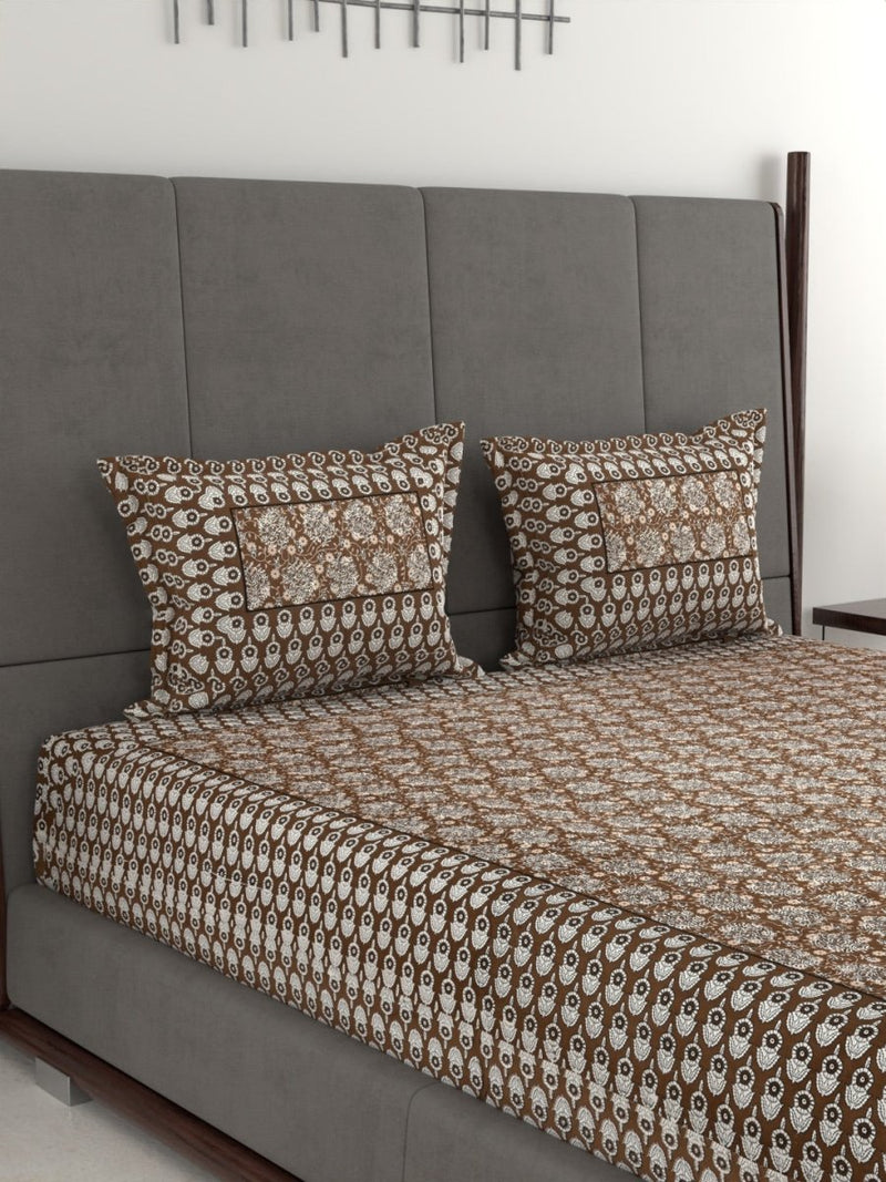 Jaipuri Hand Printed King Size 400 TC Cotton Bedsheet with Pillow Covers- Coffee | Verified Sustainable Bed Linens on Brown Living™