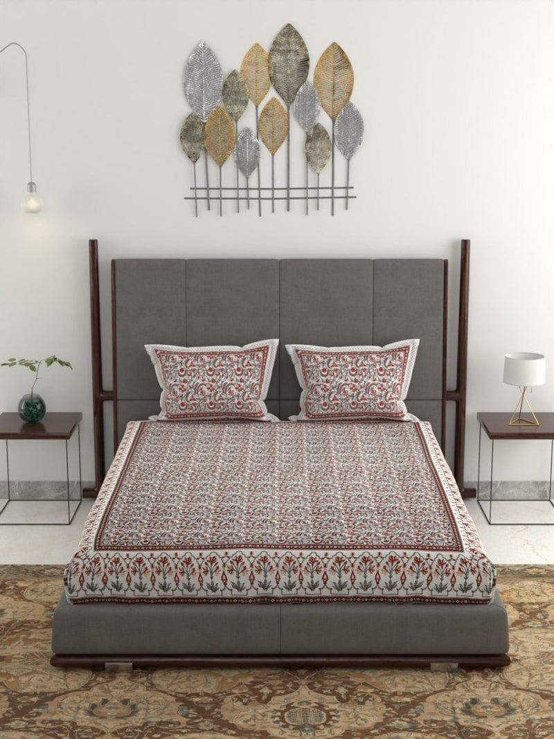 Jaipuri Hand Printed King Size 400 TC Cotton Bedsheet with Pillow Covers- Grey | Verified Sustainable Bed Linens on Brown Living™