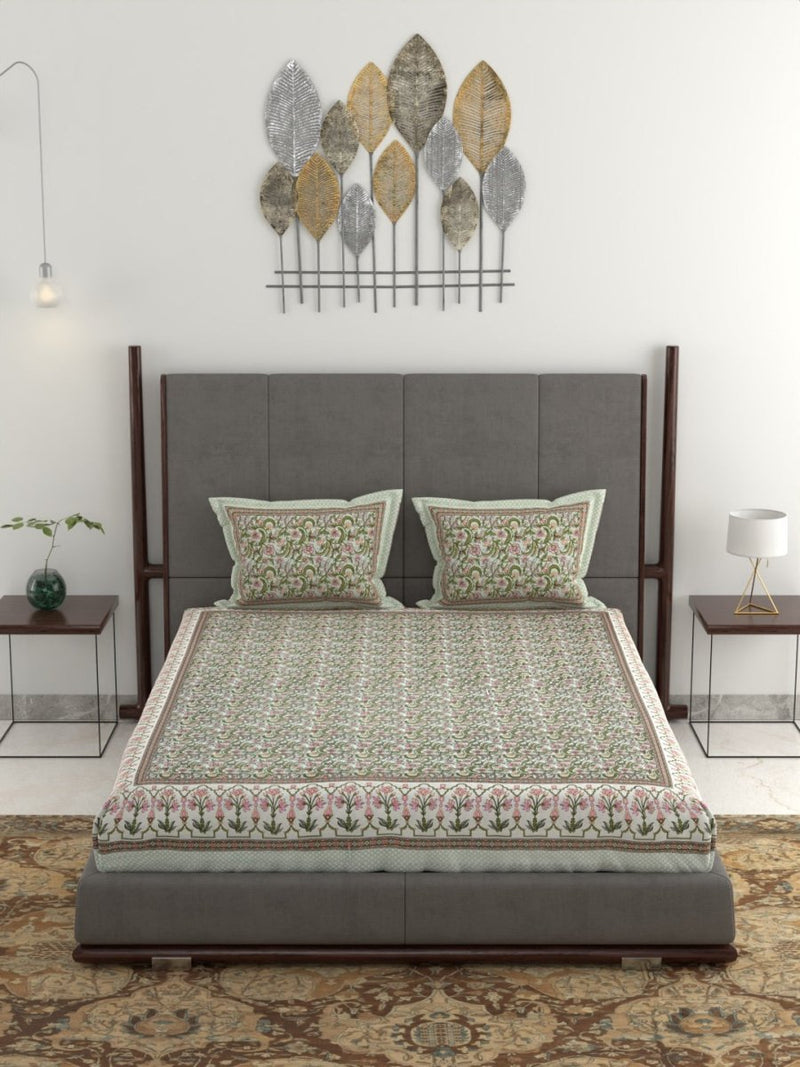 Jaipuri Hand Printed King Size Cotton Bedsheet with Pillow Covers | Verified Sustainable by Brown Living™