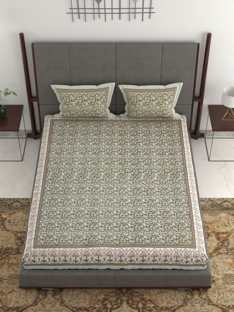 Jaipuri Hand Printed King Size 400 TC Cotton Bedsheet with Pillow Covers- Olive | Verified Sustainable Bed Linens on Brown Living™