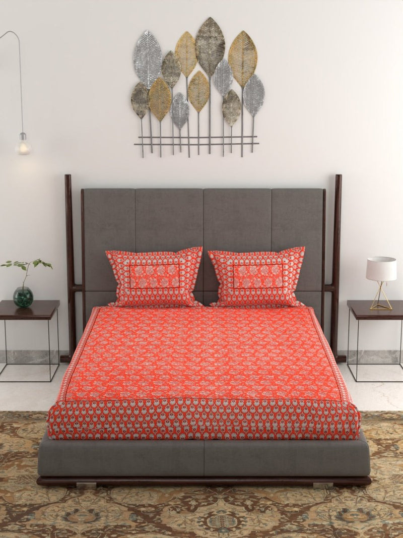 Jaipuri Hand Printed King Size 400 TC Cotton Bedsheet with Pillow Covers- Orange | Verified Sustainable Bed Linens on Brown Living™
