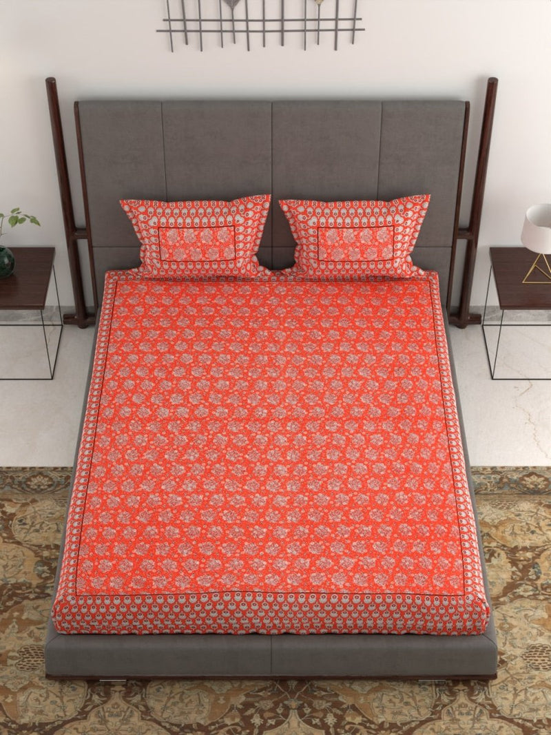 Jaipuri Hand Printed King Size 400 TC Cotton Bedsheet with Pillow Covers- Orange | Verified Sustainable Bed Linens on Brown Living™