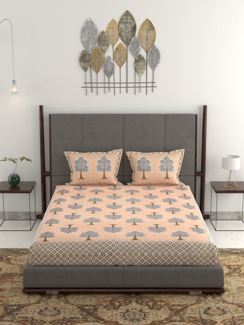Jaipuri Hand Printed King Size 400 TC Cotton Bedsheet with Pillow Covers- Peach | Verified Sustainable Bed Linens on Brown Living™