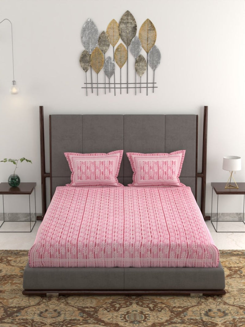 Jaipuri Hand Printed King Size 400 TC Cotton Bedsheet with Pillow Covers- Pink | Verified Sustainable Bed Linens on Brown Living™