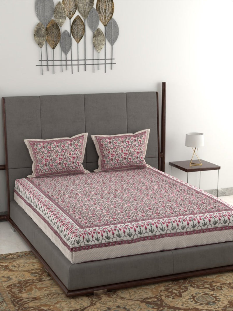 Jaipuri Hand Printed King Size 400 TC Cotton Bedsheet with Pillow Covers- Pink | Verified Sustainable Bed Linens on Brown Living™