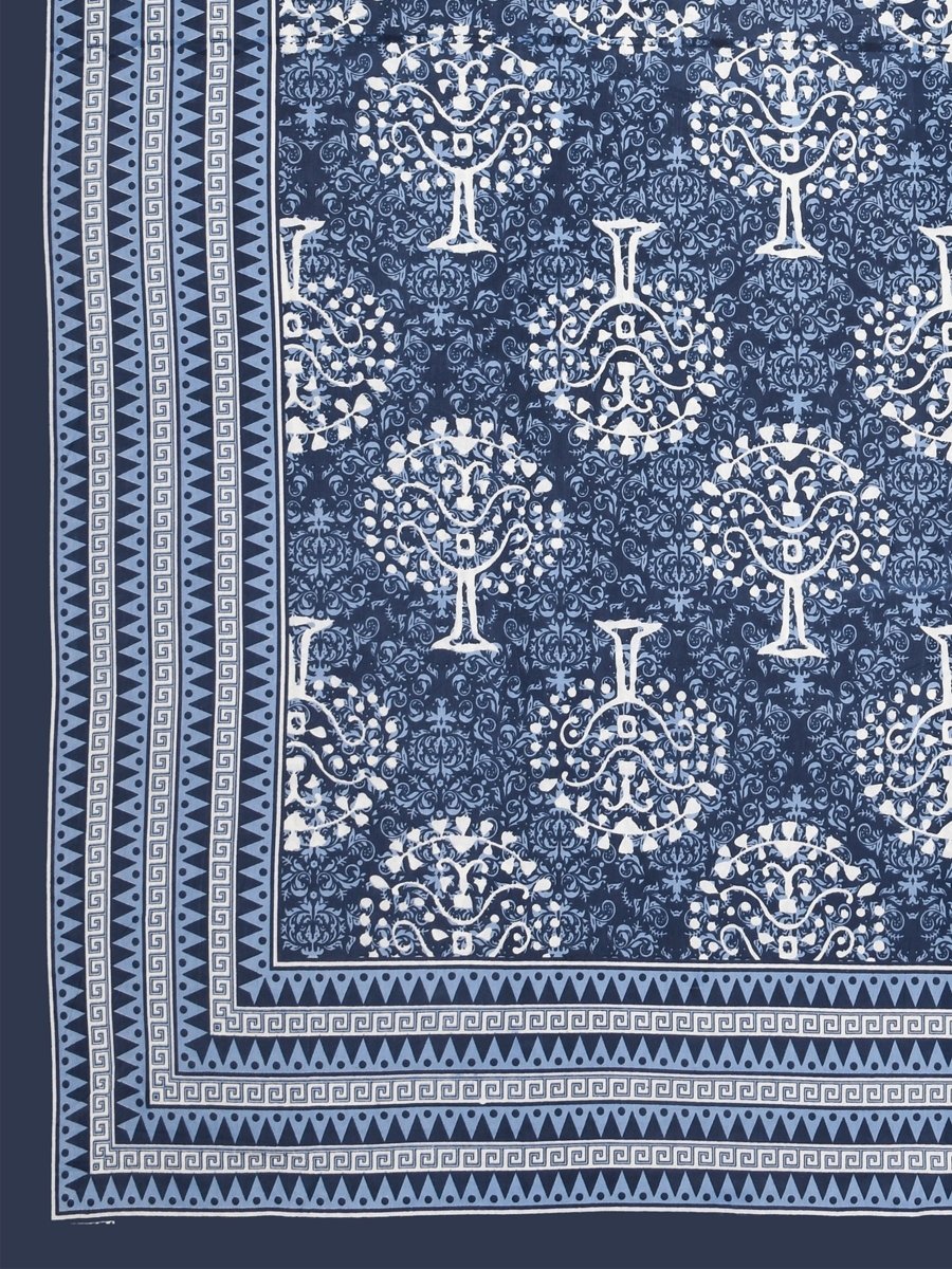 Jaipuri Hand Printed Queen Size Cotton Blue Bedsheet with Pillow Covers | Verified Sustainable by Brown Living™