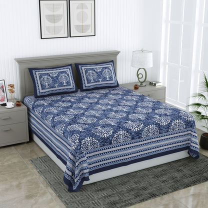 Jaipuri Hand Printed Queen Size Cotton Blue Bedsheet with Pillow Covers | Verified Sustainable by Brown Living™