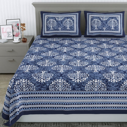 Jaipuri Hand Printed Queen Size Cotton Blue Bedsheet with Pillow Covers | Verified Sustainable by Brown Living™