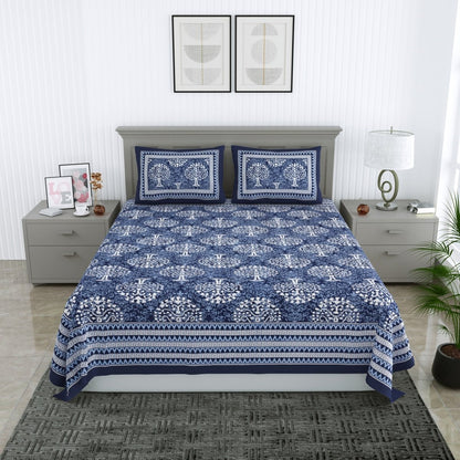 Jaipuri Hand Printed Queen Size Cotton Blue Bedsheet with Pillow Covers | Verified Sustainable by Brown Living™