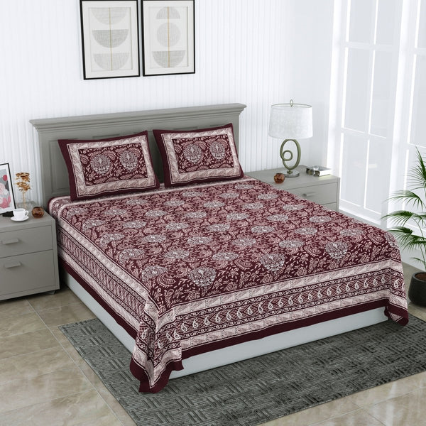 Buy Jaipuri Hand Printed Queen Size Cotton Brown Bedsheet with Pillow Covers | Shop Verified Sustainable Products on Brown Living