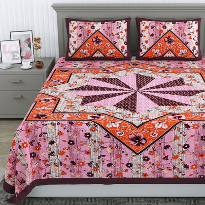 Jaipuri Hand Printed Queen Size Cotton Orange Bedsheet with Pillow Covers | Verified Sustainable by Brown Living™