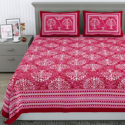 Jaipuri Hand Printed Queen Size Cotton Red Bedsheet with Pillow Covers | Verified Sustainable by Brown Living™