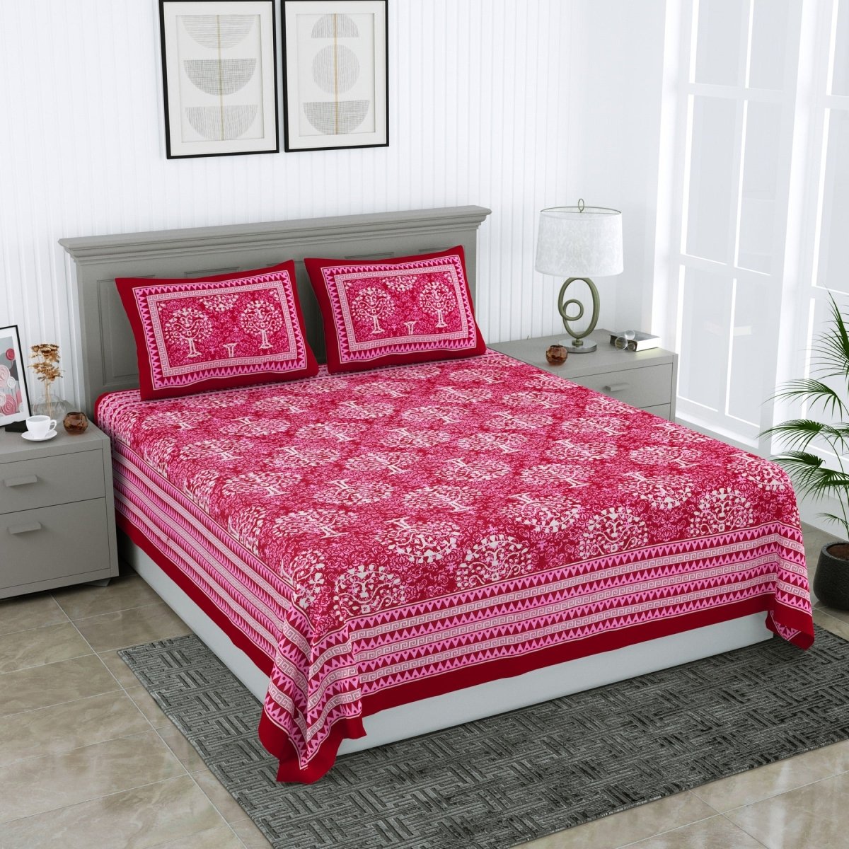 Jaipuri Hand Printed Queen Size Cotton Red Bedsheet with Pillow Covers | Verified Sustainable by Brown Living™